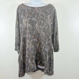 Chris & Carol Paisley Boho 3/4 Sleeve Tunic Top Gray Blue & Tan w/ Pockets SzM